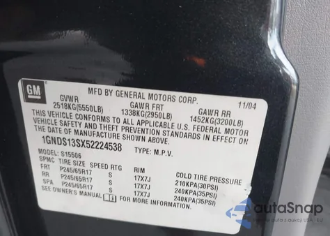 2005 Chevrolet Trailblazer Lt из США, поврежденный, VIN 1GNDS13SX52224538